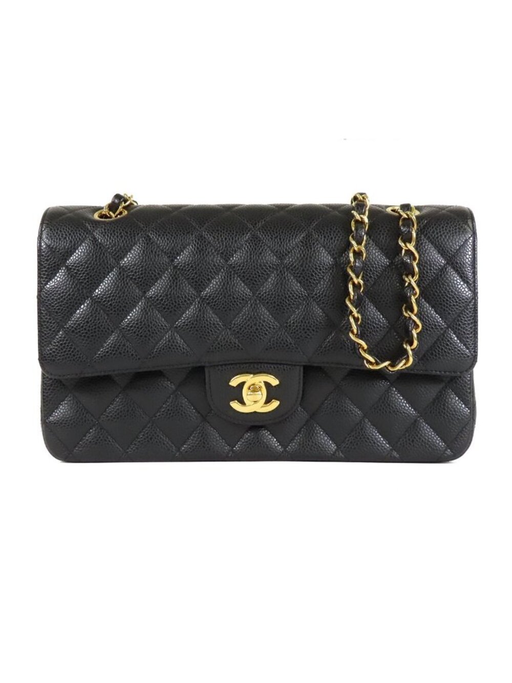 Chanel Shoulder Bag Black Gold Caviar Leather Quilted 25 Chain